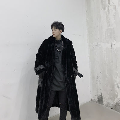 fake leather pocket finish loose fit fleece jacket in black