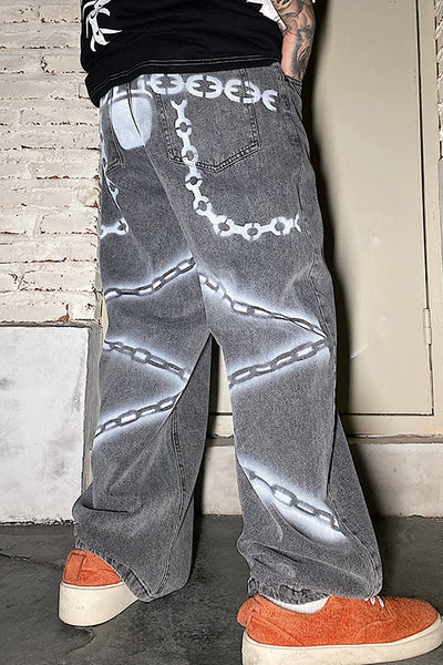 Wide leg chain printed straight fit washed out jeans