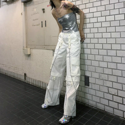 Industrial utility multi stitched chain wide thin flared long pants