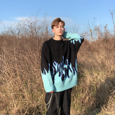 loose fit blue flame unisex premium knitted sweater in blue