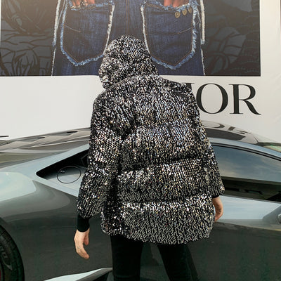 Sequins embroidered diamante finish hooded bomber Korean skater puffer coat