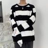 Round neck horizontal stripe knitted distressed ripped hole casual sweater