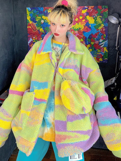 Fantasy Tie-dye Embroidered  Loose fit fake fur rainbow fleece  Girl Jacket
