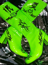 hand painted graffiti love hate fluorescent green PU leather long-heeled boots
