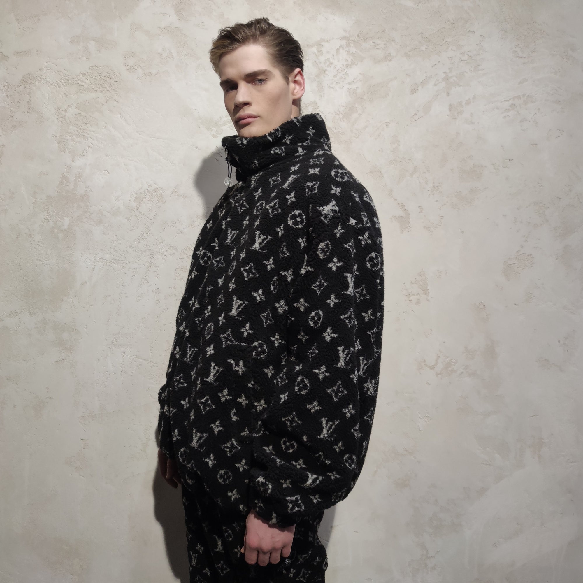 Handmade LV Fleece Jacket in Black Towel Bomber Black S