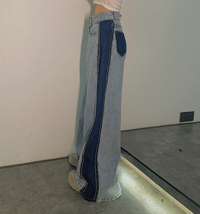 side contrast color high wide leg waist jeans in blue