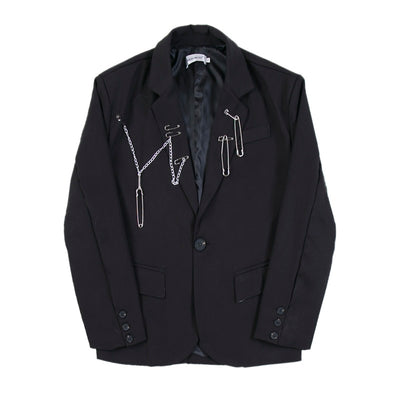 Retro style pins and staples attachment loose fit blazer jacket in black