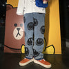 Emoji smiley inkjet print Korean skater loose straight fit jeans in blue
