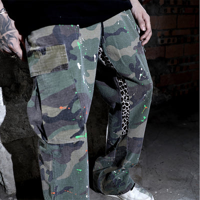 camouflage stitching paint wash trousers