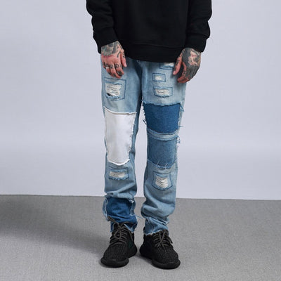 patch stitching washed out straight fit jeans in blue