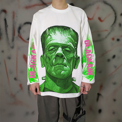 Creepy Frankenstein horror print long-sleeved thin sweatshirt