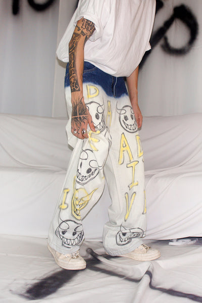 hand-painted emoji graffiti retro old distressed evil smiley straight fit jeans