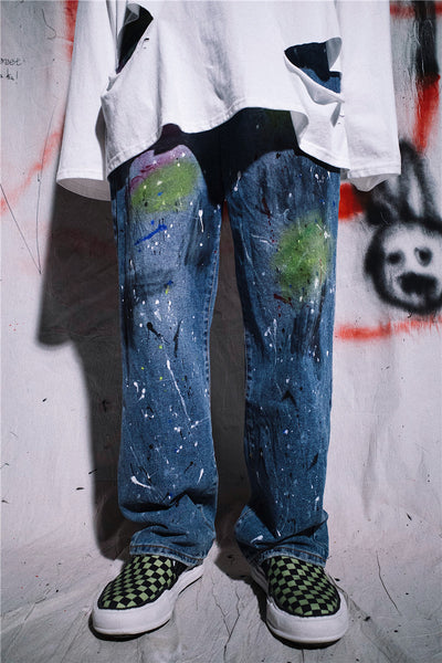 Original graffiti splash ink printed loose straight jeans in blue