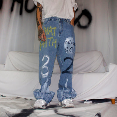 hand-painted graffiti made to look old distressed straight fit oversize jeans in 4 colors
