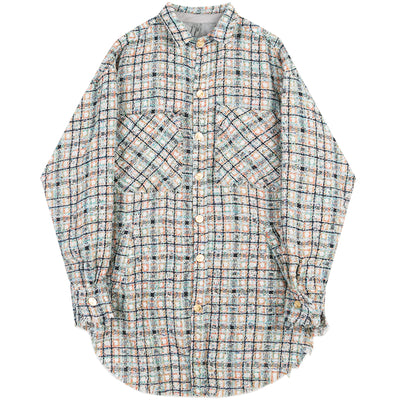 woolen raw edge finish unusual check long sleeve shirt jacket