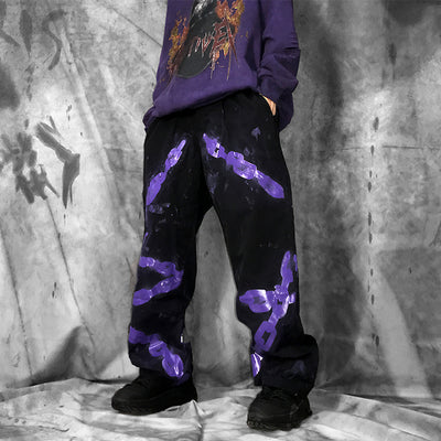 Chain hand-painted graffiti spray paint custom made beam adjustable trousers in two colors