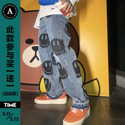 Emoji smiley inkjet print Korean skater loose straight fit jeans in blue