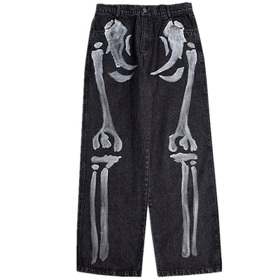 Skull print skeleton bones hand-painted loose straight fit jeans