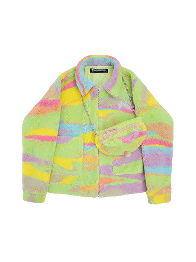Fantasy Tie-dye Embroidered  Loose fit fake fur rainbow fleece  Girl Jacket