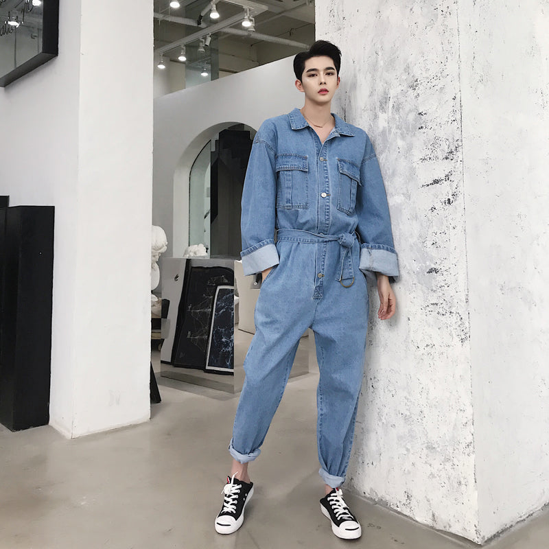 Retro Loose Striped Overalls Men Denim Jumpsuit Bib Jeans Korean | Fruugo SA