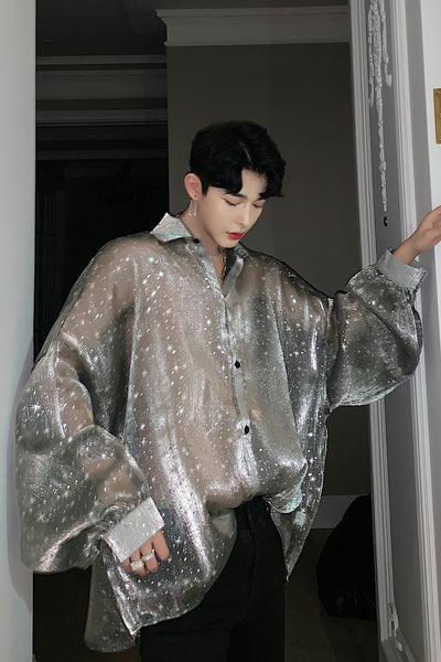 bat wing fit  See through transparent loose fit glitter shirt in 2 colors