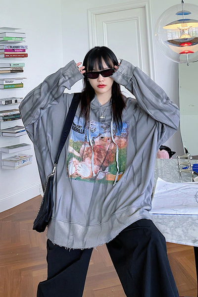 oversize loose hooded printed top