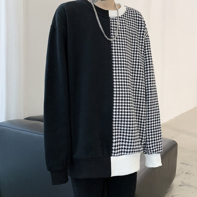 Houndstooth round neck black and white contrast color stitched sweater