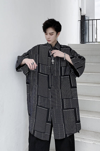 Summer striped middle-sleeved shirt in black
