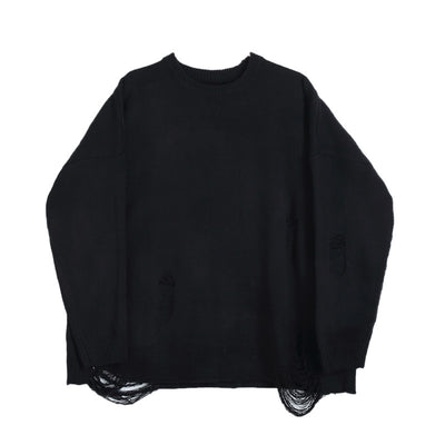 Loose fit oversize distressed ripped holes knitted sweater in black