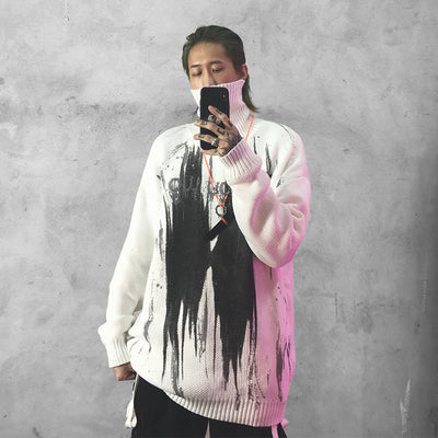 Oversize loose fit graffiti print turtle neck knitted sweater in 2 colors