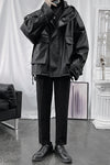 Loose fit PU leather multi-pocket  stand collar retro biker jacket