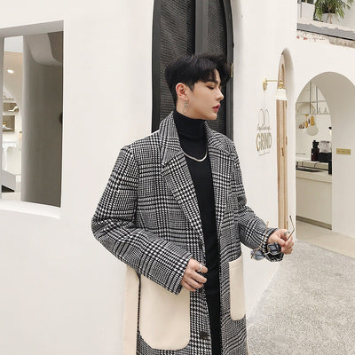 Custom made  houndstooth fabric stitching mid-length woolen trench Mac coat