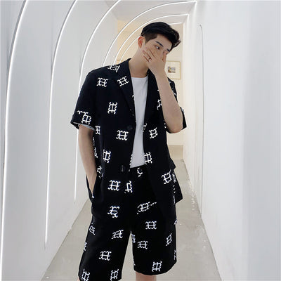 Summer reflective printing short-sleeved two-piece suit