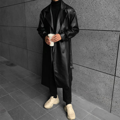 PU leather long length high quality loose fit casual Trench jacket in black