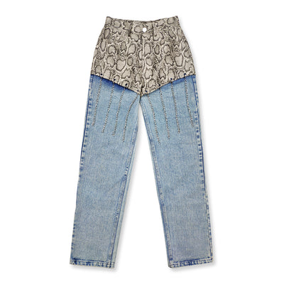 Washed out stitched denim & PU leather snake pattern chain straight fit Girl jeans