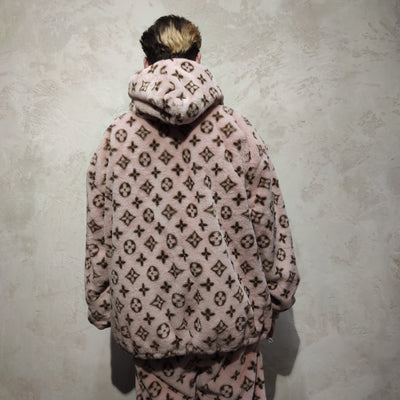 LV fleece track jacket handmade recycled faux fur hooded bomber in pink