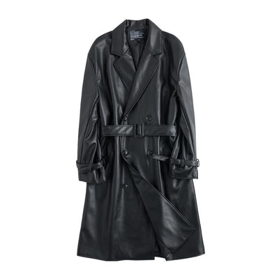 PU leather long length high quality loose fit casual Trench jacket in black