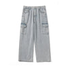 loose fit cargo pockets roll up wide leg jeans in bleached gray blue