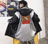 Dual color stitching loose fit detachable hood shiny rubbery Trench jacket