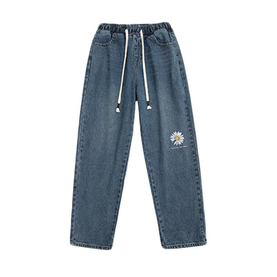 high waist straight fit daisy embroidered wide-leg jeans