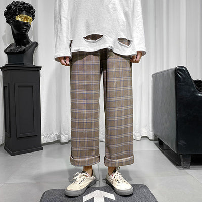 wide-leg plaid check loose straight fit pants in 2 colors