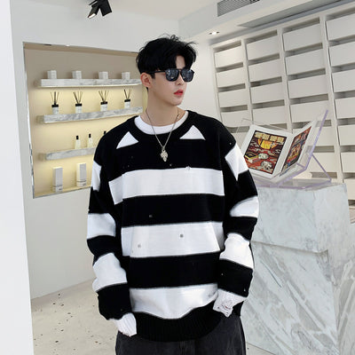 Round neck horizontal stripe knitted distressed ripped hole casual sweater