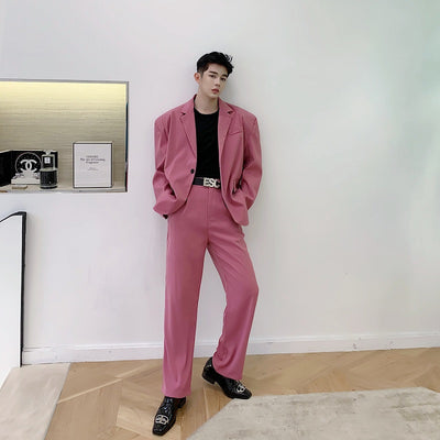 Ultra wide shoulder pad design casual suit set in pink