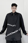 long-sleeved chain printed shiny satin dark shirt