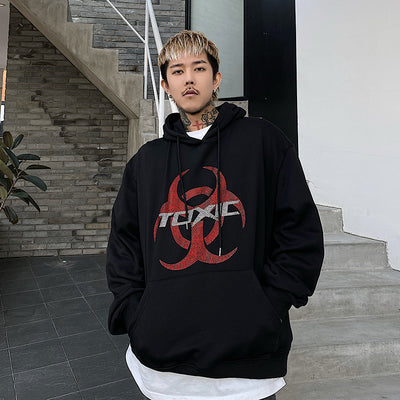 Bio hazard embroidered rhinestone loose fit Korean skater hoodie in black