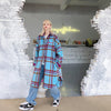 White contrast blue plaid check mid-length loose fit casual Girl shirt jacket