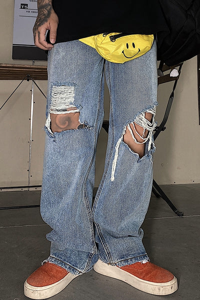 Oversized ripped hole straight fit bleached jeans in blue