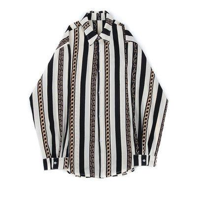 baroque print finish multi stripe loose fit shirt in black