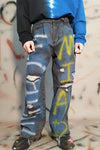 Dark black inkjet letter graffiti print distressed hole ripped washed out loose fit jeans