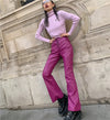 Retro totem  embroidered trumpet PU leather flared Girl pants
